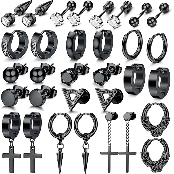Flongo Oorbellen legering roestvrij staal 3-14mm ronde oorstekers hiphop punk rock fancy sieraden cadeau kleur zwart voor heren, roestvrij staal, zonder steen
