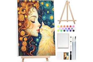 BOWETILE Mujer Elegante y Gato Pintar por Numeros Adultos Niños Principiantes con Marco&Caballete de Madera,Cuadros para Pintar por Numeros,Pintura Acrilica Manualidades Adultos para Decoración30x40cm