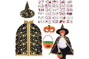 KITIMI Kostium dziecięcy na Halloween, kostium czarodzieja, peleryna, kapelusz czarownicy, kosz na słodycze, maseczki na oczy, naklejki z tatuażem na Halloween, imprezę, karnawał, Cosplay,