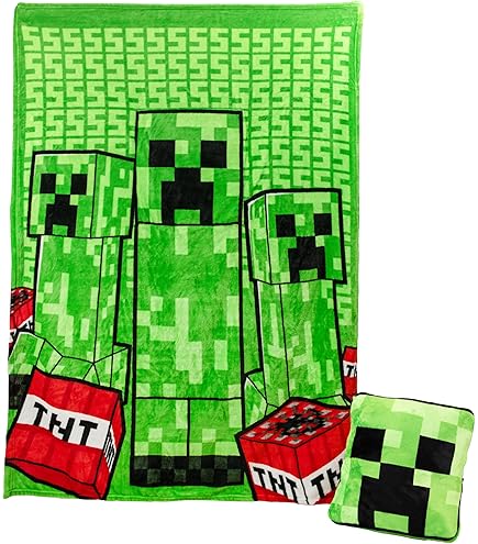Minecraft Kuscheldecke 110x150cm Grün - Offizielle Lizenz Mit Creeper, TNT & Pixel-Motiven