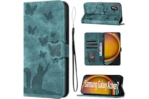 LSPCASA Phone Case For Samsung Galaxy Xcover 7 Premium PU Leather Material Samsung Xcover 7 Case With Card Slots Cat Butterfly Pattern Cover For Samsung Xcover 7 Green
