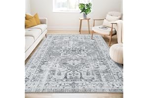 Guchuang Bedding Washable Rugs Living Room Area Rugs Grey Vintage Boho Rugs Large Non Slip Carpet Moroccan Short Pile Rug for Bedroom Dining Room Kitchen Soft Faux Wool Rug 160x230cm