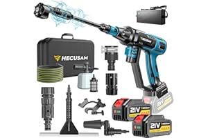 HECUSAM Nettoyeur Haute Pression Sans Fil, Moteur Sans Balais 3000 W,Mode 4 Vitesses,Pression Max 125 Bars, Avec 2 Batteries 4,0 Ah,Buse Pivotante 6 En 1,Brosse De Nettoyage,Tuyau De 5 M,Nettoyage Et Arrosage