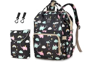 Junlion Diaper Bag, Waterproof Elephant Diaper Backpack Baby Nappy Changing Bags with Hooks + Separate Dirty Diaper Pouch Elephant