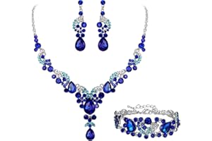EVER FAITH Conjunto de Joyas de Cristal Art Deco Nupcial Collar de lágrima Floral Conjunto de Pendientes y Pulsera Azul con Azul Cielo