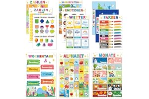 COCHIE 12 Pädagogische Montessori Lernposter A4, Alphabet Zahlen Poster für Kinder Vorschule Grundschule, Bilder Kinderzimmer Klassenzimmer Deko Jungen Mädchen