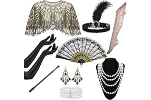 Bryndo 9 Pcs 1920s Flapper Accessories Set for Women, Roaring 20's Great Gatsby Accessories with Shawl Sequin Headband Gloves Necklace Earrings Lace Fan Bracelet Socks for Women Ladies Party