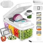 HAUSHOF 9 in 1 Vegetable Cutter and Kitchen Mandoline Slicer with Drainer | Airtight Container, 7 Stainless Steel Blades, Fin