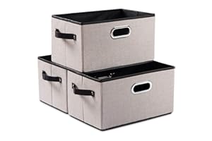 PRANDOM Fodable Storage Bins for Closet [3er-Pack] Decorative Fabric Storage Baskets Cubes with Leather/Metal Handles for Shelves Bedroom Living Room Light Grey (29x22x17cm)
