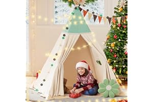BlueWood Tipi Zelt für Kinder, Spielzelt mit Gepolsterter Decke, Lichterkette, Tragetasche, Segeltuch Kinderzelt, Kindertipi im Montessori-Stil für Kinder - Hellgrün