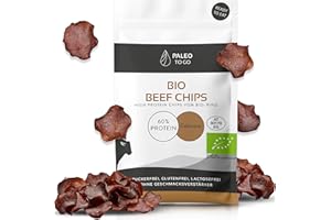 ‎PALEO TO GO PALEO TO GO Beef Chips [100% BIO] 60% High Protein Bio Rindfleisch [Made in Austria] ohne Konservierungsstoffe Protein Beef Jerky Snack Trockenfleisch 8x 20g Fleisch Snacks Protein Chips