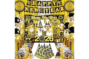 LECONCES New Year Decorations Set 2025, Giant Happy New Year Banner, Selfie Frame, Photo Booth Props, Headband, Party Blowers, Latex Balloons