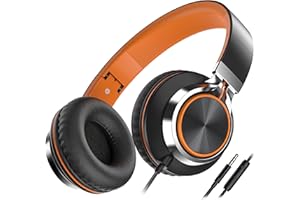 Ailihen C8 Headphones Wired with Microphone Foldable and Adjustable On-Ear Headsets Volume Control HD Stereo Sound 3.5mm Jack for Chromebook, Laptop, Smartphone, Study, Office, Travel (Black/Orange)