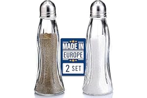 VOLARIUM CRYSTALIA Sale e Pepe Set, Saliera e Pepiera in Vetro, SENZA PIOMBO, Design Curvo Trasparente, Saliera da Tavola, Saliera Vetro, Coperchi in Acciaio Inossidabile, Salino da Tavola, Salt and Pepper Set