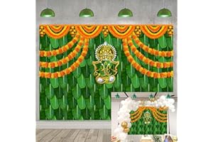 RUYI Diwali Backdrops India Pooja Traditional Backdrop for Photography 8x6FT Marigold Green Banana Leaf Chatiya Ganesh Traditional Festival Background Puja Ganpati Wedding Party Decorations Photo Props
