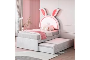 Kehun Kinderbett Polsterbett 90x200 mit LED-Kopfteil, Einzelbett mit Ausziehbarem Bett und 2 Stauraum Schublade für 2 Kinder, Schlafsofa mit Lattenrost, Kaninchen Stil, Samt, Beige, Ohne Matratze