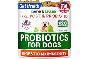BARK&SPARK Advanced Dog Probiotics for Gut Health with Fibre - Made in the UK - Pre, Post & Probiotic - Dogs Digestive Health Sensitive Tums Support - All Breeds & Ages - Probiotics for Dogs (120 Ct, BBQ Pork)