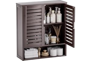 ‎SMIBUY SMIBUY Szafka łazienkowa naścienna, bambusowy organizer do przechowywania nad toaletą, oszczędzająca miejsce apteczka z 2 drzwiami i regulowanymi półkami (brązowa)