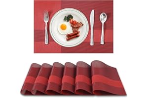 AZONEZ Table Mats Set of 6 – Heat Resistant Place Mats for Table, Woven Vinyl Table Placemats for Dinner, 45x30cm Non Slip Washable for Home, Restaurant (Wine & Red)