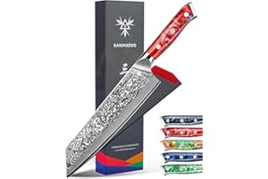 SANMUZUO Couteau Kiritsuke de 22cm - Couteau de Chef en Damas - Japonais en Acier de Damas 67 Couches Couteau de Cuisine - Manche en Résine (Rouge Coucher de Soleil) - Xuan Série