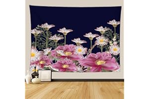 Fullfun Pink Lotus Flowers Wall Tapestry, Navy Blue Background Floral Tapestry Home Decor Wall Hanging Botanical HD Printing for Living Room, Bedroom & Dorm 130 cm x 150 cm