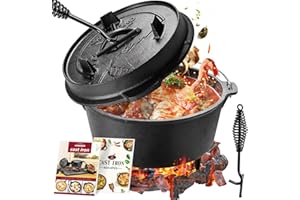 ‎OVERMONT OVERMONT Dutch Oven Gusseisen Topf - Eingebrannter Feuertopf mit Füßen 2in1 Deckel Rezeptbuch und Deckelheber - für Abenteuer Garten Lagerfeuer Camping Größe L