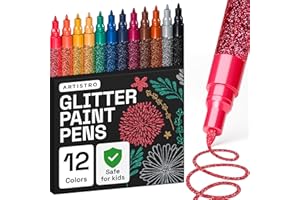‎ARTISTRO Artistro 12 Glitzer Filzstifte Zeichenset, Stifte zum Bemalen von Steinen, Felsmalerei, Keramik, Glas, Holz, Stoff, Scrapbooking, DIY Projekte, Set Acryl Glitzer Stifte mit Extra-Feiner Spitze 0,7mm