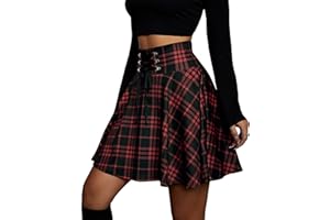 KOJOOIN Spódnica damska Plaid Mini Plisowana spódnica Gotycka sukienka Wysoka talia Sukienka Cosplay A-Line Lace Up