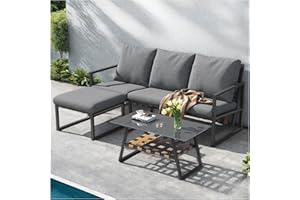 Wyibwy Juego de muebles de jardín, sofás para 4 personas, juego de esquina, sofá + mesa + reposapiés, tubo de acero galvanizado, tablero de cristal, sofá combinado para exteriores, gris