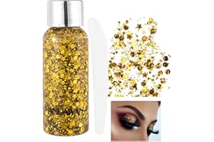 HTRUIYATY Gel Para el Cuerpo Lentejuelas de Sirena con Purpurina LíQuida Para Cuerpo Cara Pelo y UñAs Para Fiesta de Disfraces Fiesta Festiva Halloween Navidad (Incluyendo una Cuchara) Oro