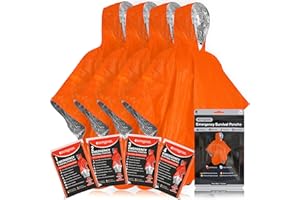 aZengear Poncho de Survie d'urgence (Lot de 4) Couverture Thermique en Mylar pour rétention de la Chaleur et de la Pluie | Réversible avec Capuche | Imperméable, Coupe-Vent, Portable (Orange)