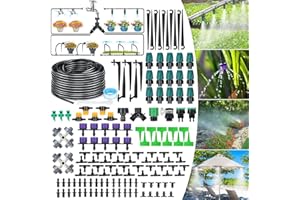GOTGELIF 40M/132FT Garden Greenhouse Watering System Hose, 163Pcs Auto Micro Drip Irrigation Kit with Y Hose Splitter & 4 Types Nozzles & 5 Tubing Valves, DIY Plant Watering Devices Misting Cooling System