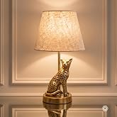 BEHOMA Jaguar Table Lamp, Antique Brass Metal Base & Fabric Shade | Home Decor Table Lamp for Home & Office | Bedside Accent 