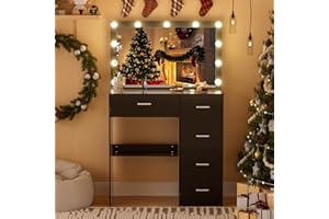 Saihemei Vanity Table and Stool with 11 LED Bulb Mirror, Dressing Table with 3 Color Lighting Modes Adjustable Lighting, Vanity Table with 5 Drawers Storage, Dressing Table for Bedroom Black