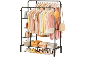 JOISCOPE Perchero ancho de 64.6 x 47.2 pulgadas para dormitorio, perchero con 2 rieles para colgar, 4 ganchos, 4 estantes laterales y estante inferior, perchero para guardar zapatos y ropa, color