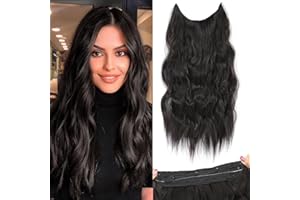 BUPPLER Halo Hair Extensions 20 Inch Invisible Wire Hair Extensions Adjustable Long Wavy Hairpiece Synthetic Upgrade 4 Secure Clips in Hairpieces 20 Inch,Pure Black