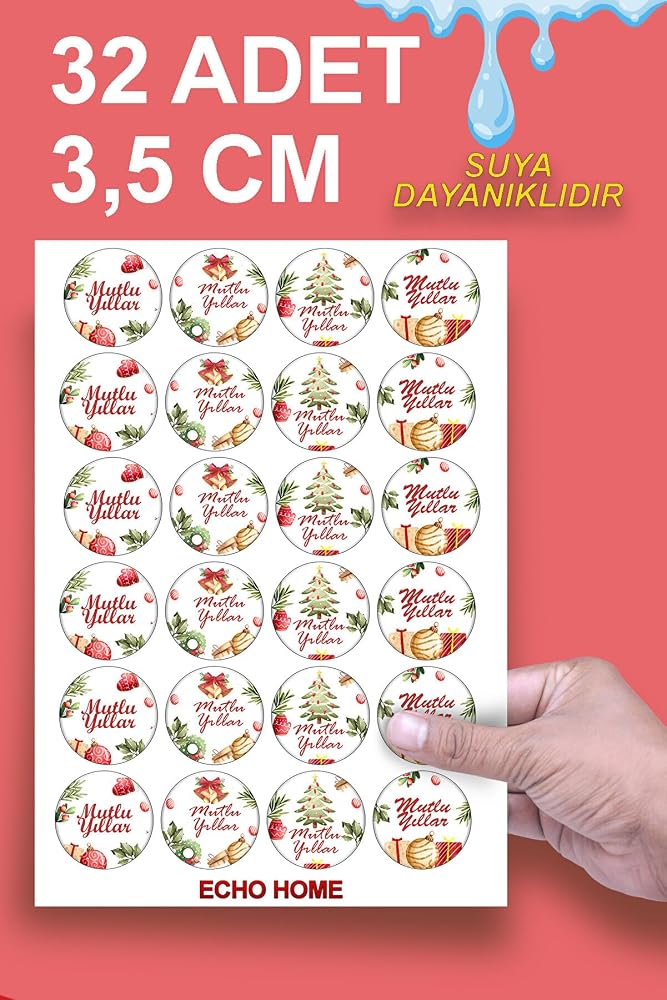 Mutlu Yıllar Sticker 3,5 Cm 32 Adet Suya Dayanıklı Yeni Yıl Yılbaşı Figürleri Yuvarlak Etiket