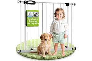 BOMI TÜV GS Siegel Schutzgitter XXL Tür Merle | Zum Klemmen | 90° Stop | Schließt automatisch | Türschutzgitter schmal weiß Metall | Treppenschutzgitter Türgitter Klemmgitter | Breite: 85-93 cm