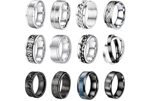 BVLAGIDA 12 Piezas Anillos Hombre Acero Inoxidable Vintage Cadena Anillos Giratorios Anillos Acabado Mate Anillo para Hombres Mujeres Vikingo Runas Celtas Anillo Plata Hombre