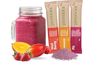 GREENORA Smoothie Bowl Fruits Lyophilisés Poudre 100% Naturel. Mangue Banane Fraise Framboise Betterave Myrtilles. Séchée Déshydratée Vegan. 9x24g