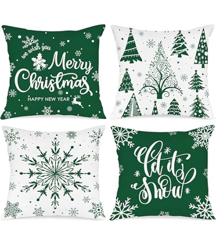 Artscope set van 4 linnen kussenhoezen met sneeuwpop en kerstman, bank, huis, woonkamer, slaapkamer, kerstdecoratie voor binnen, 40 x 40 cm (groen