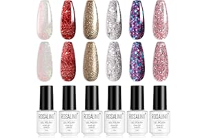 ROSALIND Esmaltes Semipermanentes de Uñas en Gel, Glitter Rosa Rojo Púrpura Amarillo Esmaltes Semipermanentes para Uñas 6pcs, Kit Uñas Semipermanentes Pintauñas Semipermanentes Set