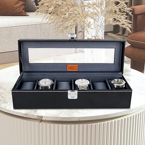 LEDO Watch Box Holder Organizer Case in 6 slots of Watches with Transparent Look Black & Gray color Velvet