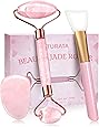 Jade Roller - TURATA Massaggiatore Viso e Gua Sha Scrap Set di strumenti per il massaggio anti invecchiamento (Rullo di Quarzo Rosa)