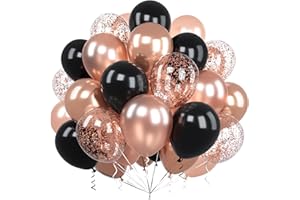 Ousuga Ballons Or Rose Noir, 60 Pièces 12 Pouces Métallique Chrome Or Rose Confettis Latex Ballon pour Filles Garçons Enfant Fête Anniversaire Baby Shower Mariage Nuptiale Douche Baptême Décoration