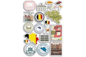DV DESIGN Feuille d'autocollants A4 en vinyle de la Belgique – Monuments de Bruxelles – Carte du drapeau de la ville de la plage, des vacances, des valises, des bagages, du scrapbooking, de la culture et des