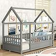 Bellemave Wood Montessori Floor Bed Twin Size, Twin Floor Bed with Fence and Door, Twin Size House Bed for Kids, Girls, Boys, Gray Montessori Bed Twin Size