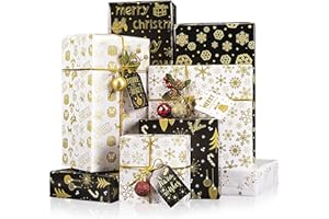 TOPTIME Papier Cadeau Noel, 6 Feuilles Papier Cadeau 70x50CM, 6 Motifs De Noël Or Différents-Impression Dorée Pour, Papier D'Emballage Cadeau Noir et Blanc Flocons de Neige, Comprend 4 Autocollants