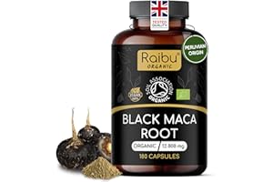 RAIBU Organic Black Maca Root Capsules - High Strength Peruvian Maca for Men & Women - 12,800 mg Equivalent (3,200 mg Daily Dose) - 180 Capsules, with Vitamin C from Acerola - Made to UK Quality Standards