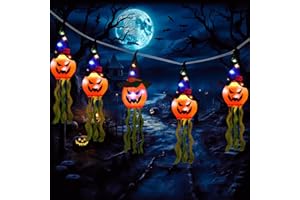 Wzone Halloween Décoration extérieure, 5 pièces Citrouille Suspendue avec Chapeau de sorcière, décoration lumières Halloween chaîne Lumineuse décor pour l'extérieur intérieur
